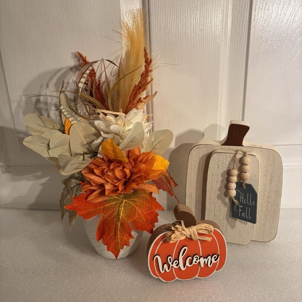 Fall 3 Piece Set Silk Floral Arrangement, Wood Pumpkin, Orange WELCOME pumpkin